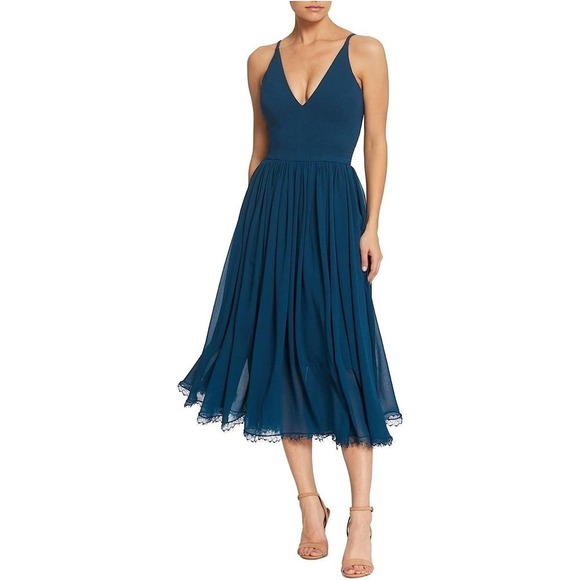 Dress the Population Alicia Plunging Mix Media Fit & Flare Midi Dress XL NWOT - Picture 1 of 11